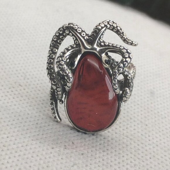 Sterling Silver Amber Octopus Ring Unisex Adjustable Ring Fits as a Size 9 - Picture 4 of 7